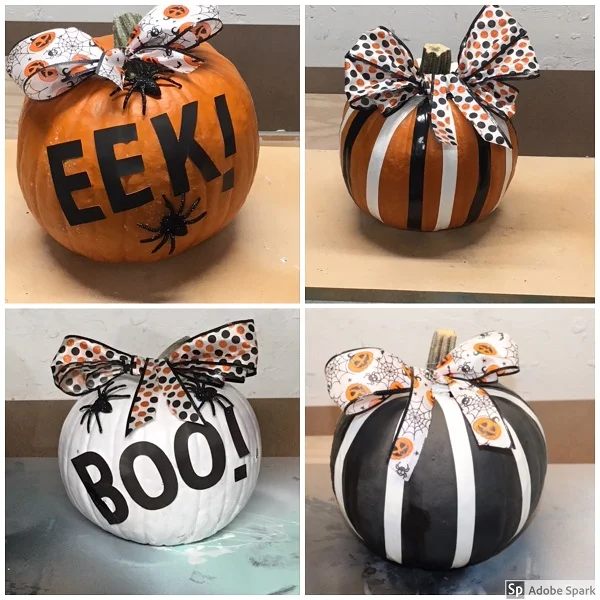 Paint your pumpkins the base color you want. Use electrical tape to create your design or message and add your finishing touches of bows, spiders, or anything else you might like!