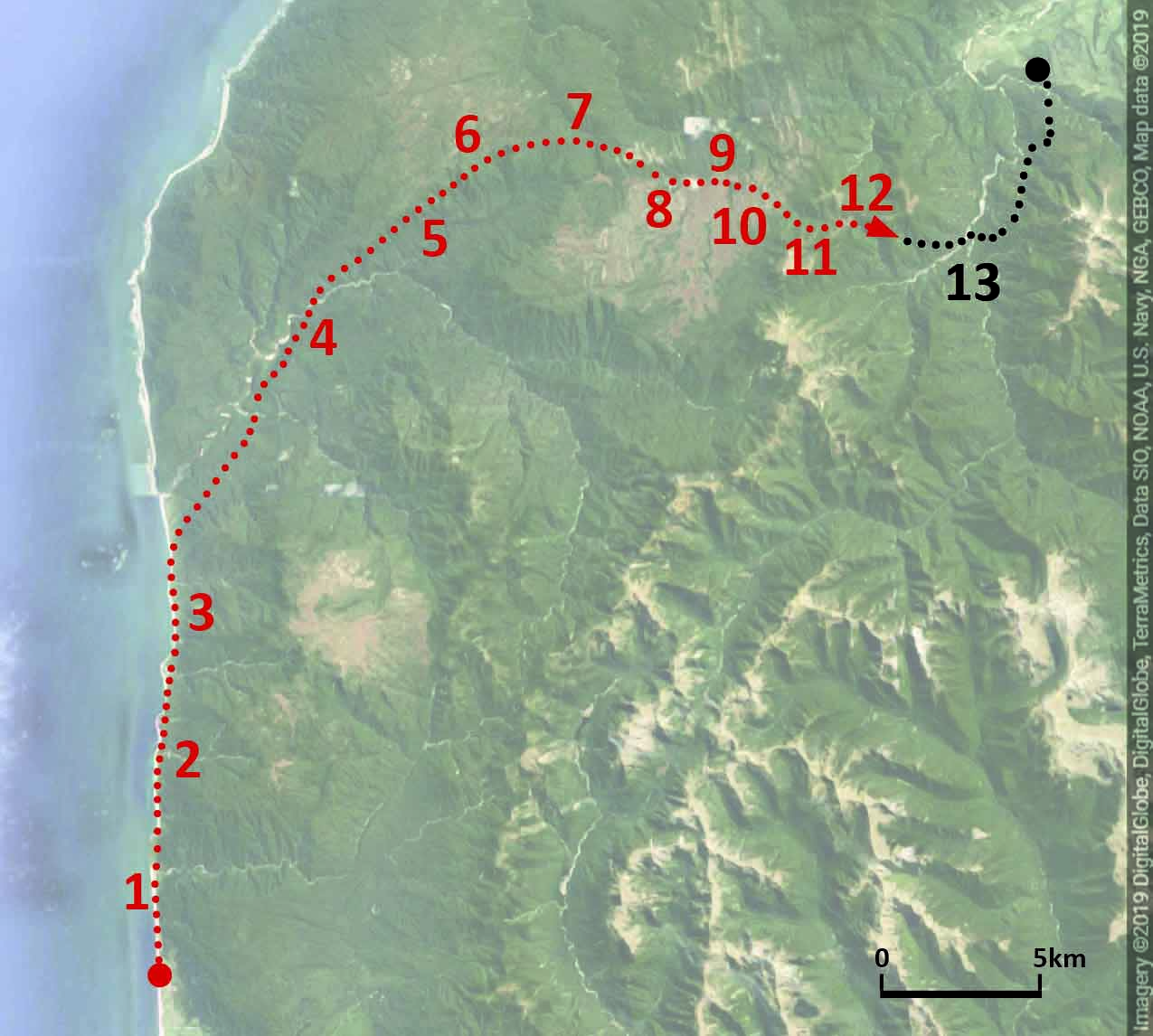 Northeast corner of the South Island of New Zealand with the “painted” portion of the Heaphy Track in red. (The remainder of the trail, mostly the descent on Day 4, is in black.) The numbers correspond to the scenes depicted in Great Walk above and in the images below.