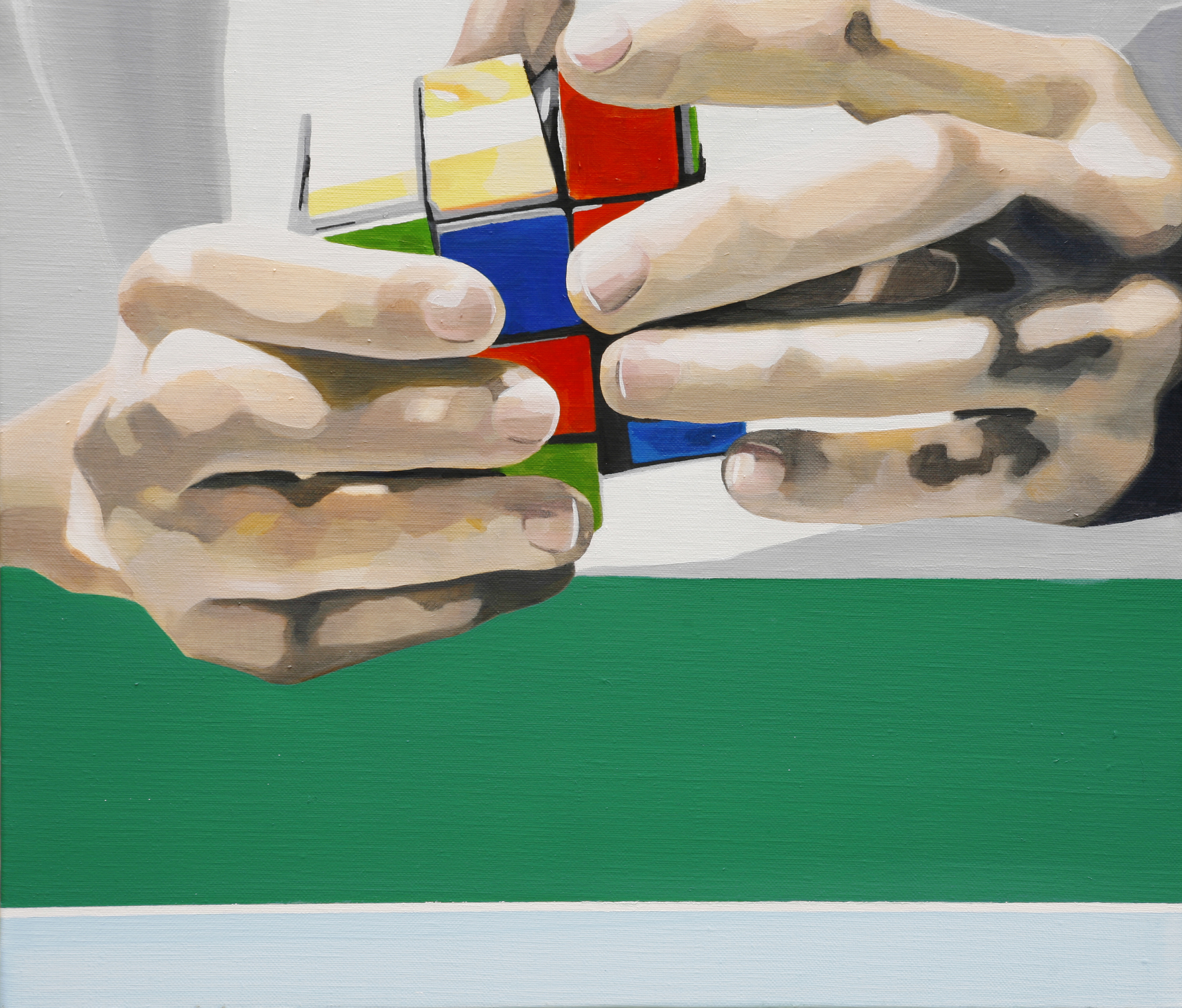 Cube1 (kju:b), oil on canvas, 17.9" x 20.8" x 1.9" (45.5 cm x 53 cm x 5 cm)