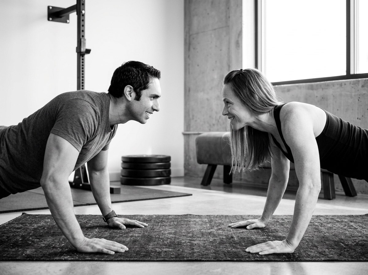 A man and woman smiling at each other while doing push-ups together in a gym.