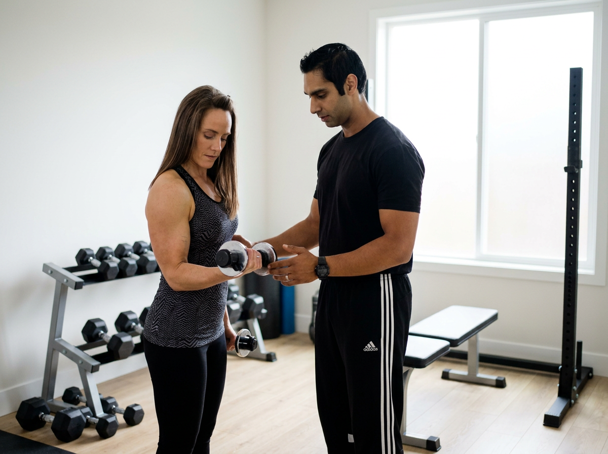 A woman in athletic clothing lifting a dumbbell while a male trainer assists her in a home gym or fitness room.