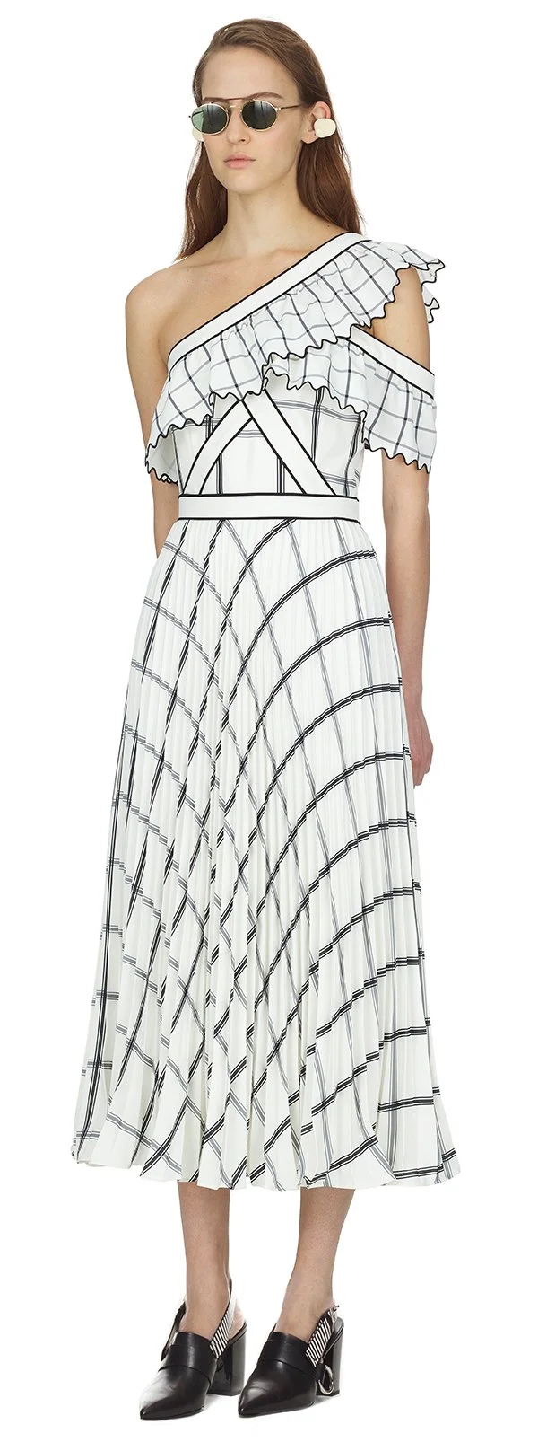 monochrome check frill midi dress