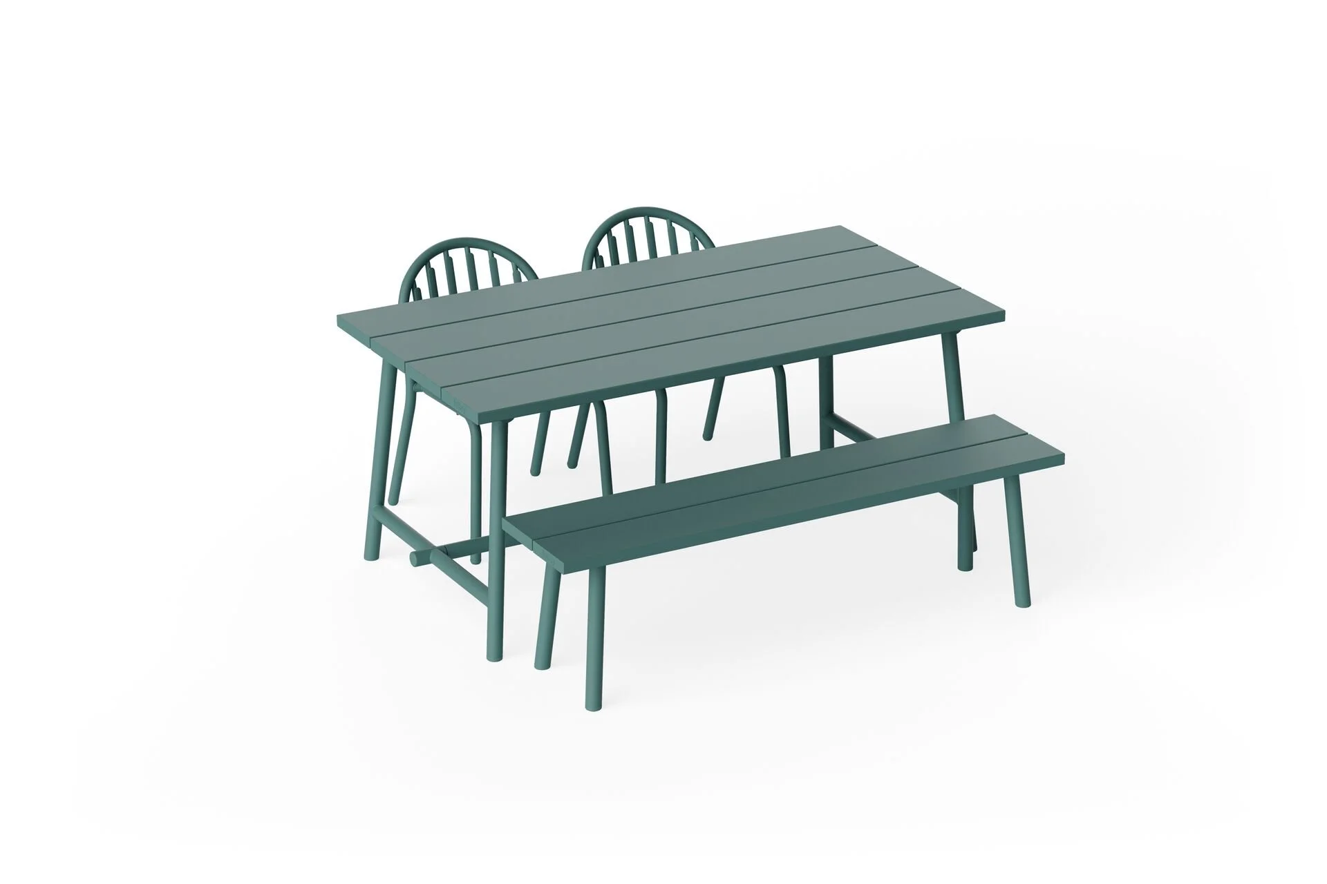 fatboy Freds Tisch Medium dark sage mit Stühlen und Bank