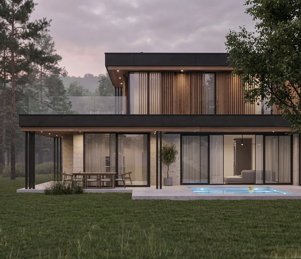 Projekt domu jednorodzinnego o powierzchni 245 m²  z basenem ogrodowym w podwarszawskiej miejscowości. 
Projekt:  Lamperia,  2026 r.