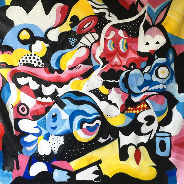 'New adventures into the subconscious' 100 x 100 cm acrylic on primed cotton. 2015