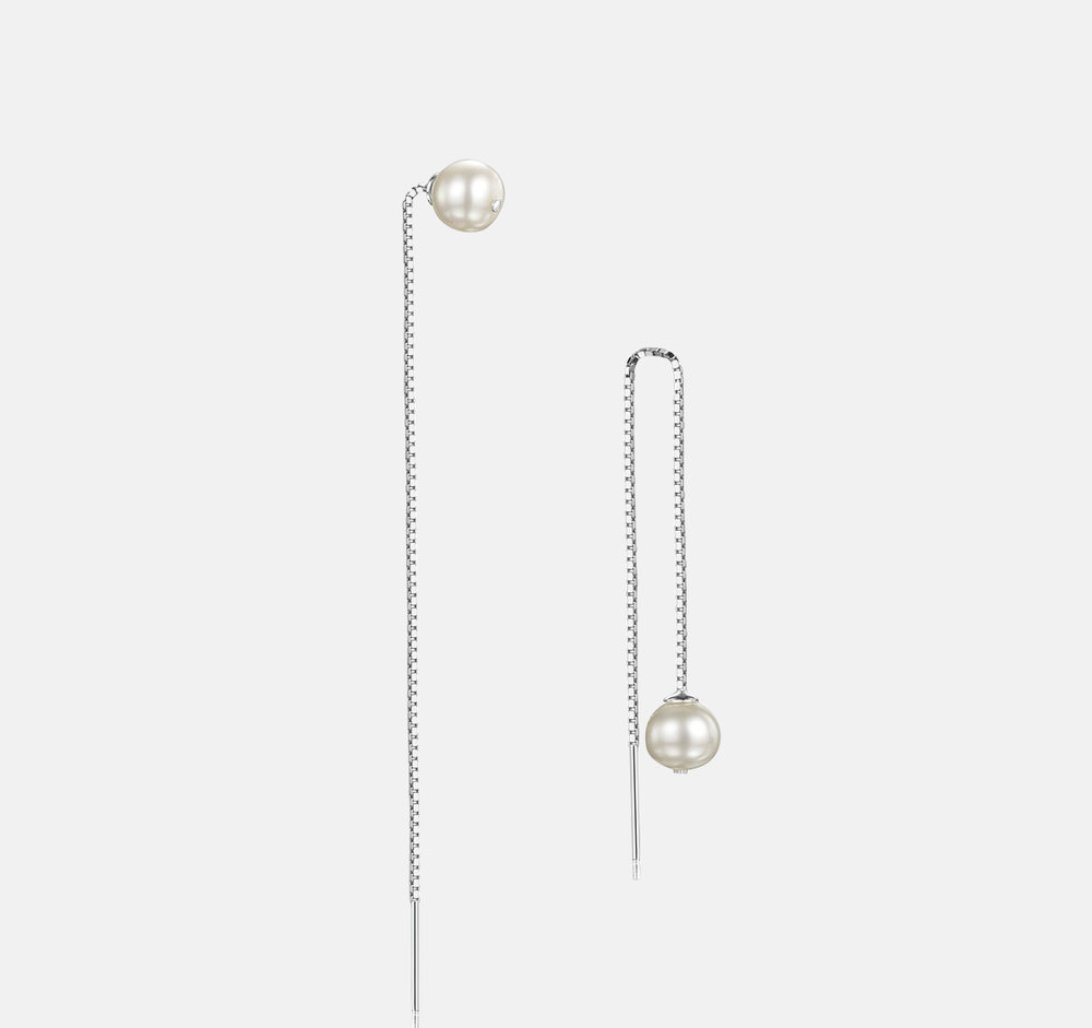 Real 925 Sterling Silver & Pearl Arc Pull Through Earrings Pearls Pull Thru