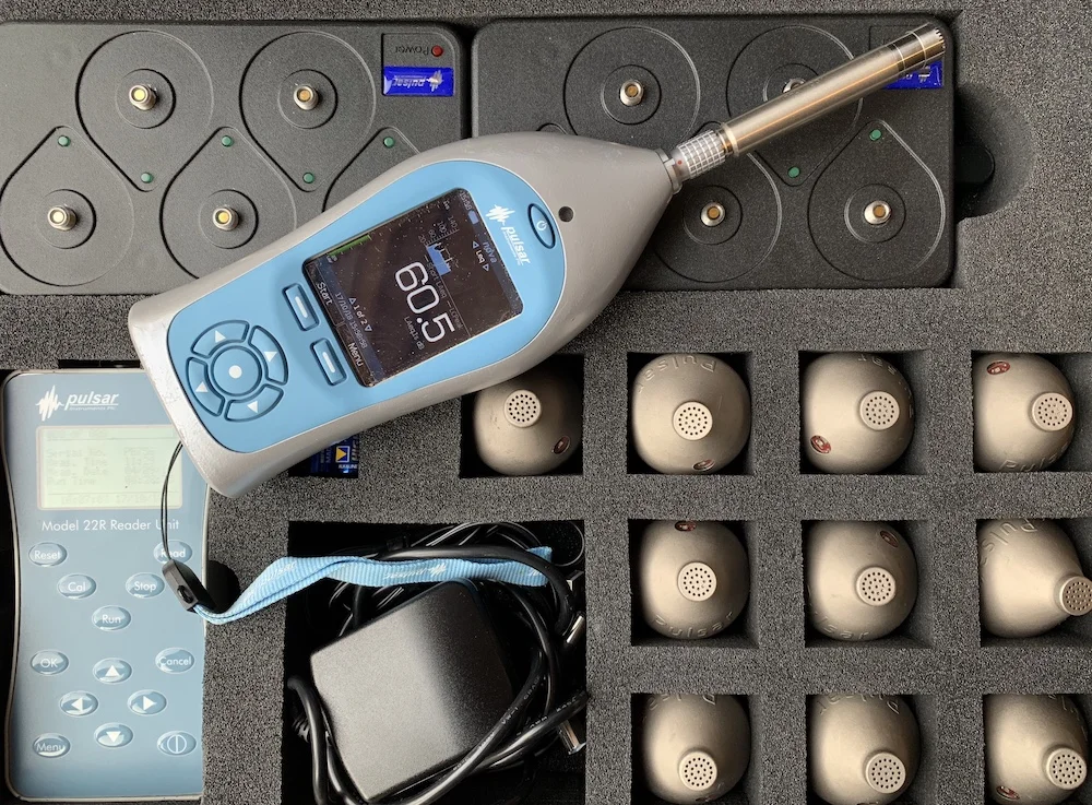 My noise meters - one hand-held Pulsar Nova meter and ten wearable doseBadge dosemeters