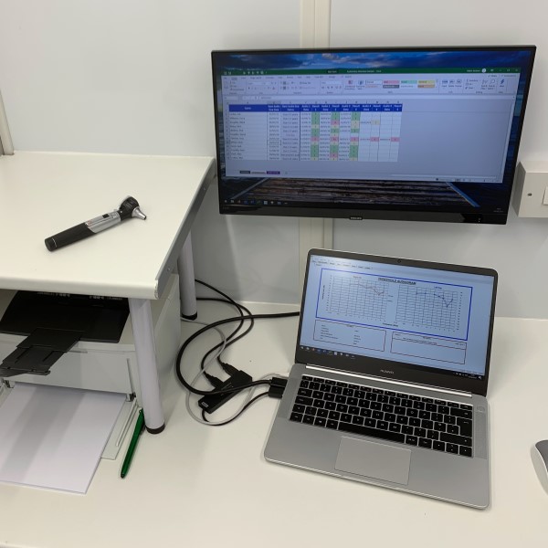 Hearing test in progress in mobile unit