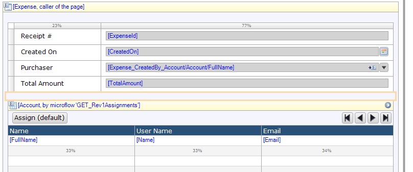 Account is already passing 'Expense' into the 'GET_Rev1Assignments' Microflow. 'Department' needs to be linked inside of the association.