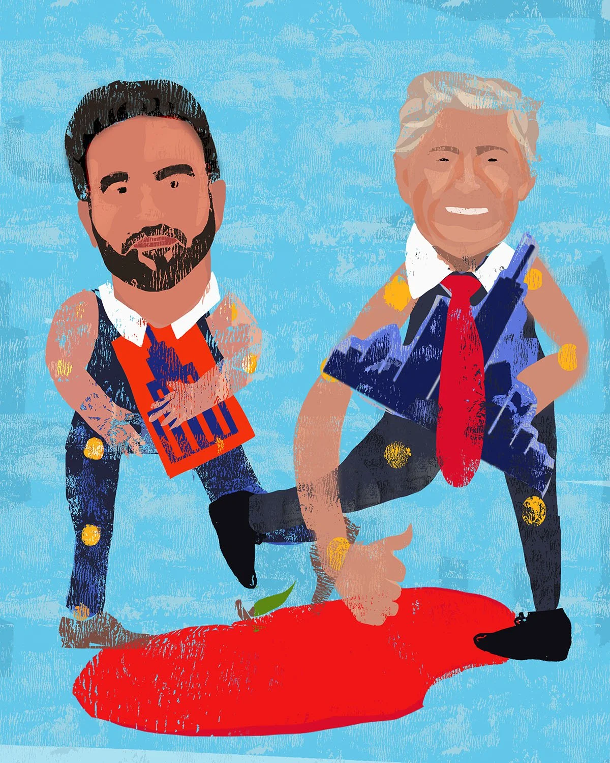 “Two paper dolls, two New York icons, one giant apple. Politics has never looked so cut-out and performative.”