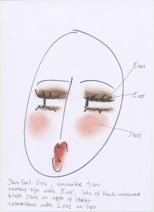 I only use my own make-up products. Seriously, they are honestly quick and easy to use! This face chart is my personal look, a new selfie designed just for Vogue.fr. Ellis Faas Icon Gallery, Makeup Show, March 28 and 29, California Market Center, 110 E 9th St, Los Angeles. Ellis Faas will give a talk on her style, Saturday March 28 from 1:30pm to 2:30pm www.themakeupshow.com