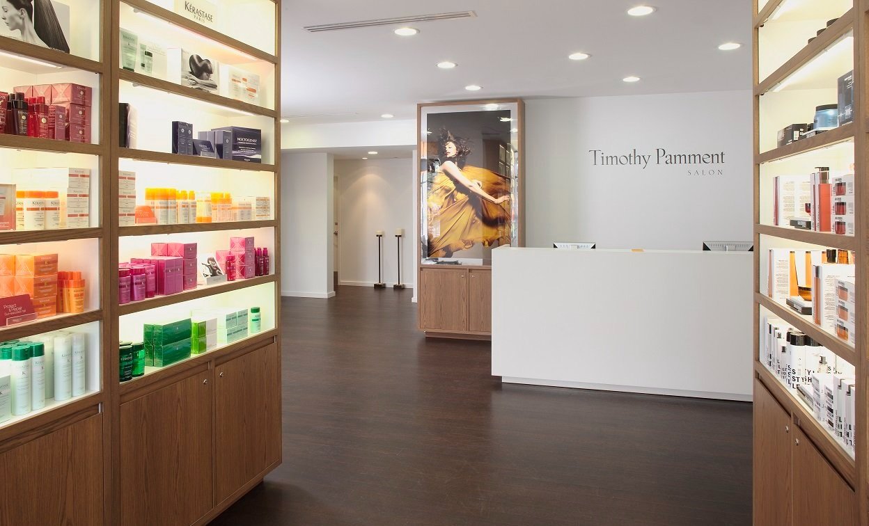 INSIDE THE TIMOTHY PAMMENT HAIR SALON RECEPTION ROOM. SHOWN ARE KERASTASE (L'OREAL) HAIRCARE PRODUCTS