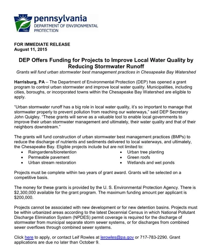 DEP Offers Funding for Projects to Improve Local Water Quality by Reducing Stormwater Runoff