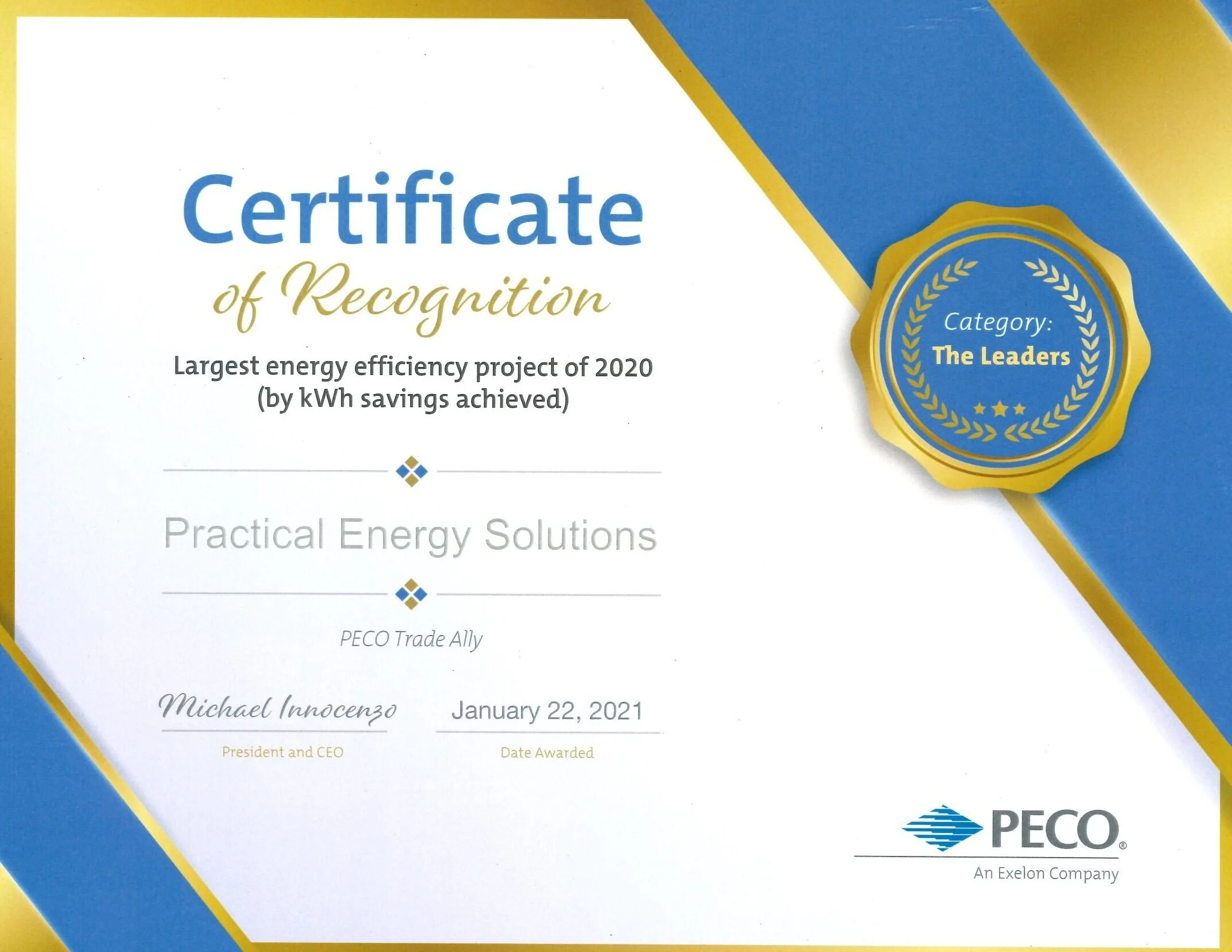 PECO recognizes Firm for Largest Energy Efficiency Project by kWh savings