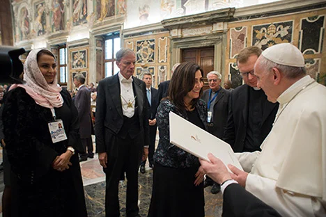 Baroness Joanna Shields presenting Pope Francis with Declaration of Rome 1.jpg