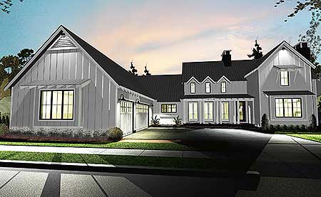 This 4 bedroom modern day farmhouse plan gives you a master down layout with a wide-open floor plan. Huge porches front and back, and a third porch on the side, give you great spaces to enjoy the fresh air. The exterior features open, raked eaves, steep gable roofs, board and batten cladding. The great room has 2-story ceilings and is open to both the kitchen and dining room. The kitchen features a large island with workspace and seating and a walk-in pantry. Upstairs, three bedrooms share two baths. A built-in desk gives you room to work in the common area. 2700+ sf, 4 br, 3.5 baths, 3-car garage. Contact us for pricing. 