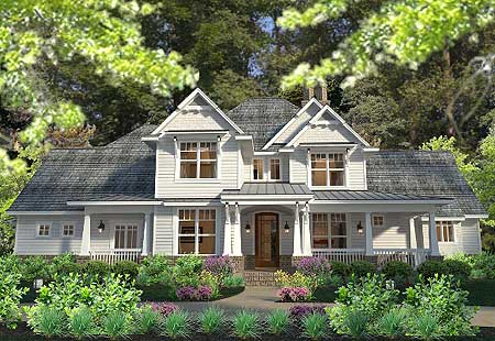 An elegant roofline, big Country veranda and lots of charming features make this Farmhouse home special. Columns separate the dining room from the foyer giving you a defined space with an open feel. A see-through fireplace warms both the dining room and the family room with its vaulted ceiling. The spacious kitchen boasts a walk-in pantry and both an island and a peninsula eating bar. Charming details include a window seat in the first floor master suite. Two bedrooms on the upper floor share a hall bathroom. This home comes with lots of future space that can be finished at your leisure. 2500+ sf, 3-4 brs, 2.5 baths, 3-car garage. Contact us for pricing. 