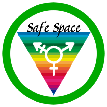 Rainbow pride triangle with a green circle and gender symbol