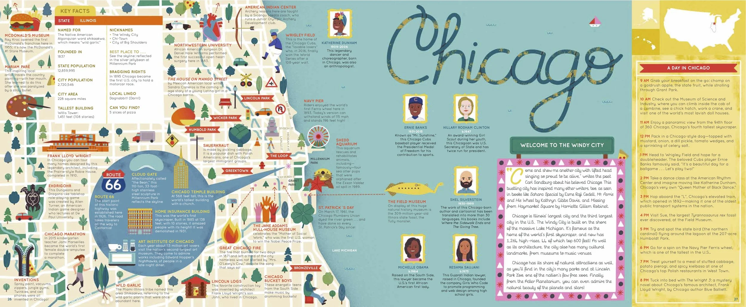 WELCOME TO THE WINDY CITY Come and show me another city with lifted head singing so proud to be alive,” writes the poet Carl Sandburg about his beloved Chicago. This bustling city has inspired many other writers, too, as seen in books like Sahara Special by Esme Raji Codell, Mr. Ferris and His Wheel by Kathryn Gibbs Davis, and Missing from Haymarket Square by Harriette Gillem Robinet. Chicago is Illinois’ largest city and the third largest city in the U.S.. The Windy City is built on the shore of the massive Lake Michigan. It’s famous as the home of the world’s first skyscraper, and now has 1,264 high-rises, 44 of which top 600 feet! As well as its architecture, the city also has many cultural landmarks, from museums to music venues. Chicago has its share of natural attractions as well, as you’ll find in the city’s many parks and at Lincoln Park Zoo, one of the nation’s few free zoos. Finally, from the Adler Planetarium, you can even admire the natural beauty of the planets and stars!