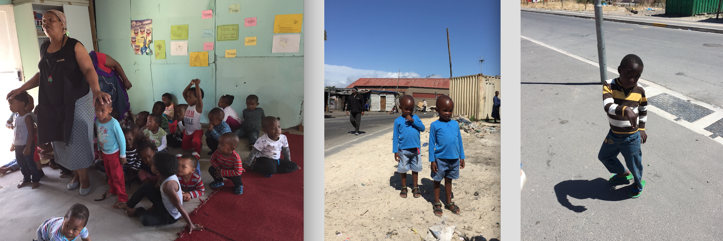 På landet finns väldigt få skolor vilket leder till att folk migrerar till storstäderna, oftast till kåkstäderna. Statliga skolorna i Sydafrika är gratis och man får frukost och lunch gratis men många barn går inte till skolan ändå. Ofta beror detta på att kriminella gäng, tidig graviditet, HIV, droger och misshandel hemma uppstår tidigt i livet för många. Förskolan i vänster drivs av initiativ av deras lärare som påstår att man inte fårhjälp från staden. Barnen sjunger: ‘’This is my body from head to toe - I have the right to say no! Don’t touch me!’’, ‘’Remember no education, no future, no jobs, no money, let’s go to school and learn-learn-learn’’, ‘’I am special, special me, very very special, special me’’.