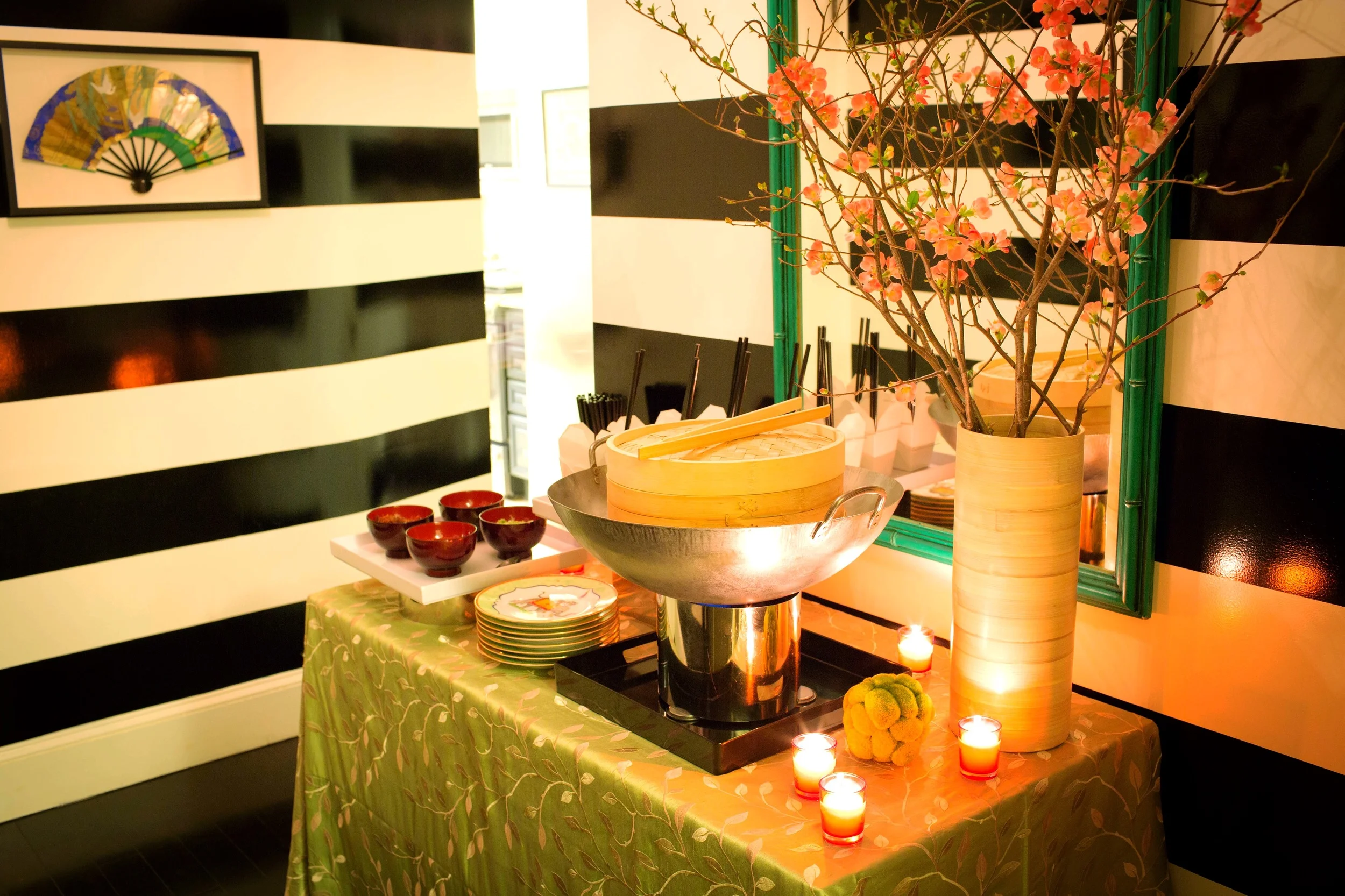 The bright colors of the Chinese New Year decor coordinated well with my bold striped walls!