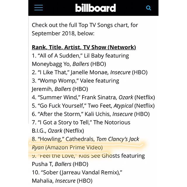 So cool that &ldquo;Howling&rdquo; is in the top 10 most Shazamed songs of September 2018 on the @billboard charts! Thanks again to @jackryanamazon for including our song in Episode 4. have you watched it yet? 🖤 @shazam