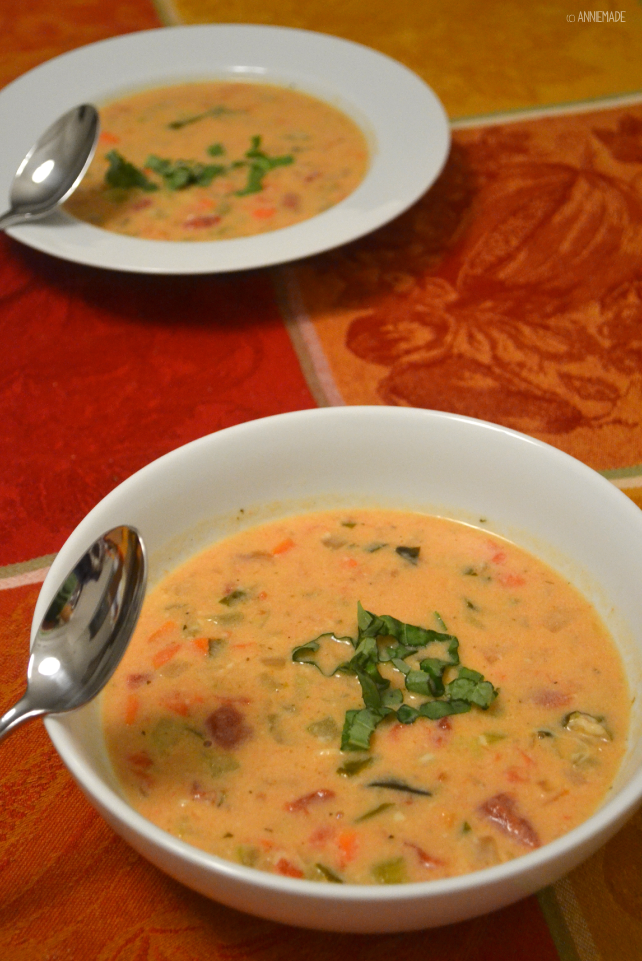 anniemade Easy Tomato Basil Parmesan Soup in the crockpot and it's gluten-free