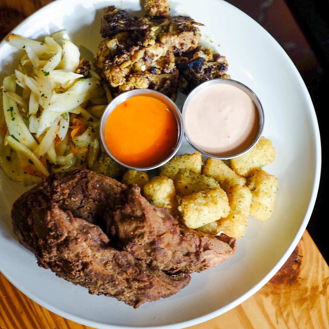MEAT(LESS)&amp; THREE. Our classic fried chicken can be made for the veg friendly, with a buttermilk brined portobello.  Served with three seasonal sides, and as-always, #glutenfree.