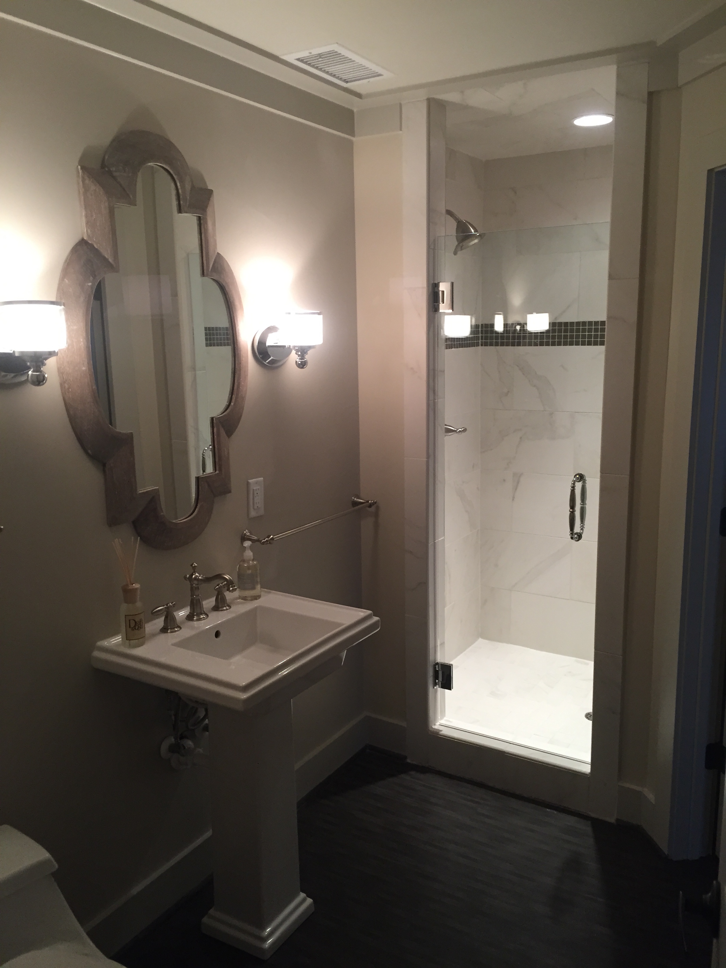 Spa-like hall bath with designer treats from MargueritesConceits, of Mt. Brook, Village.