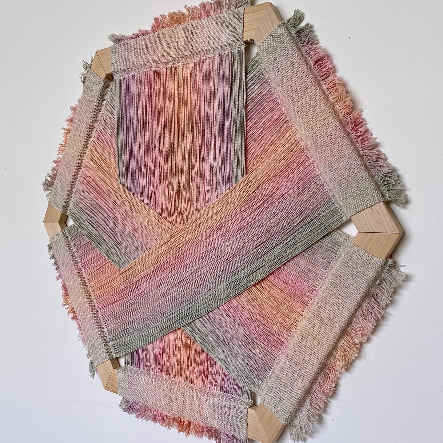 Held Again, 2021, 34&quot; x 32&quot;, hand painted cotton warp in #doubleweave on white maple frame
⠀⠀⠀⠀⠀⠀⠀⠀⠀
In a previous post I talked about mistakes; in this, meaning. My pentagon and hexagon pieces explore the idea of musculature in the body. M