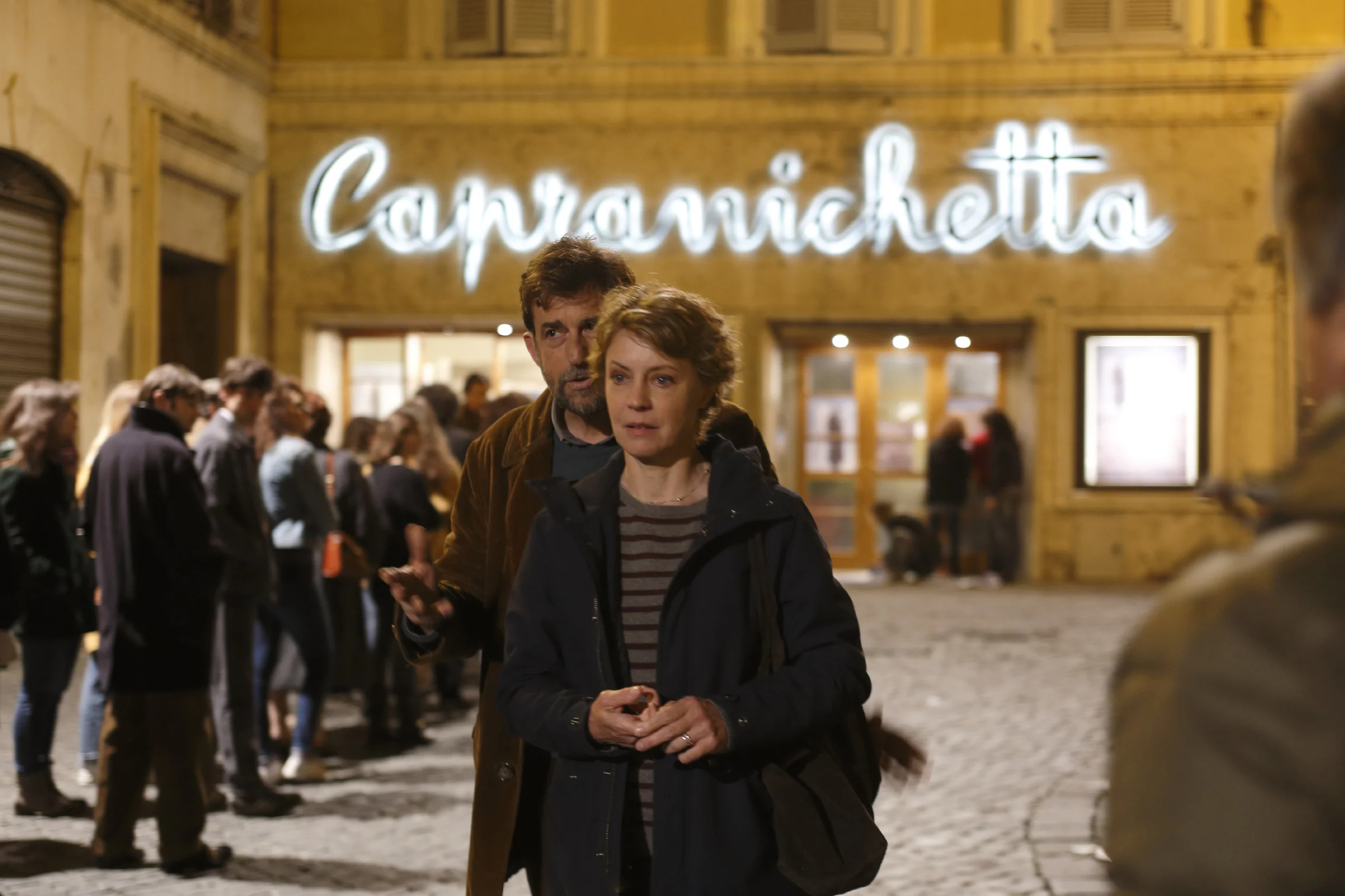 Nanni Moretti and Margherita Buy outside the Capranichetta Cinema in Rome.