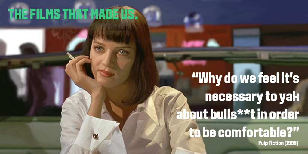 Kate, Curzon Head Office " "Few actors have inspired me as much as Uma Thurman as Mia Wallace. Despite being a good foot shorter it wasn’t long before I had dyed my hair black, procured a white shirt and splashed out on some rouge noir. Classy dialogue, characters as dark as Zed (‘bring out the gimp’) this is a slice of filmic heaven."