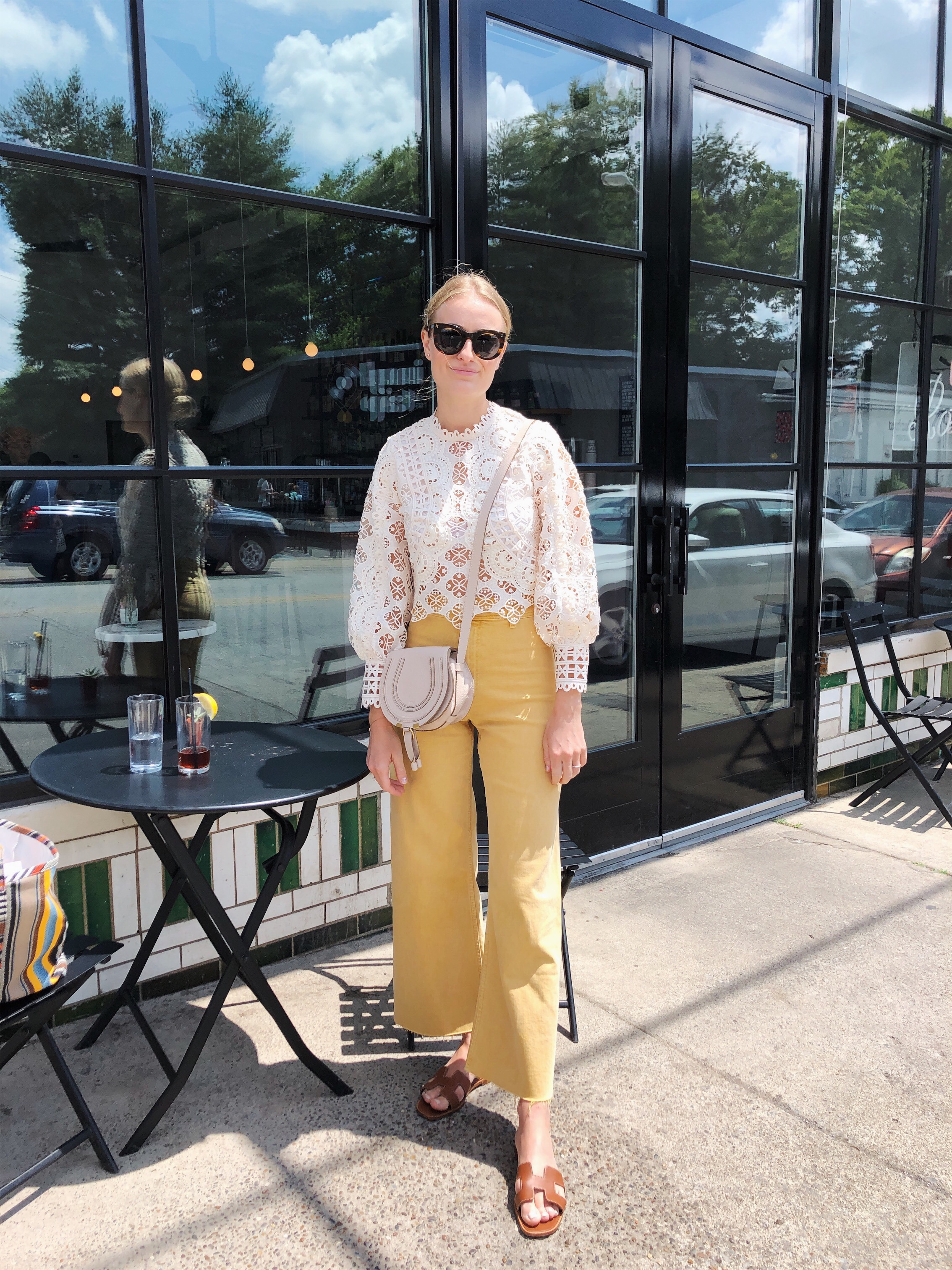 Cindy Trotta // Hermes Oran Sandals // styled with yellow Zara pants and lace top