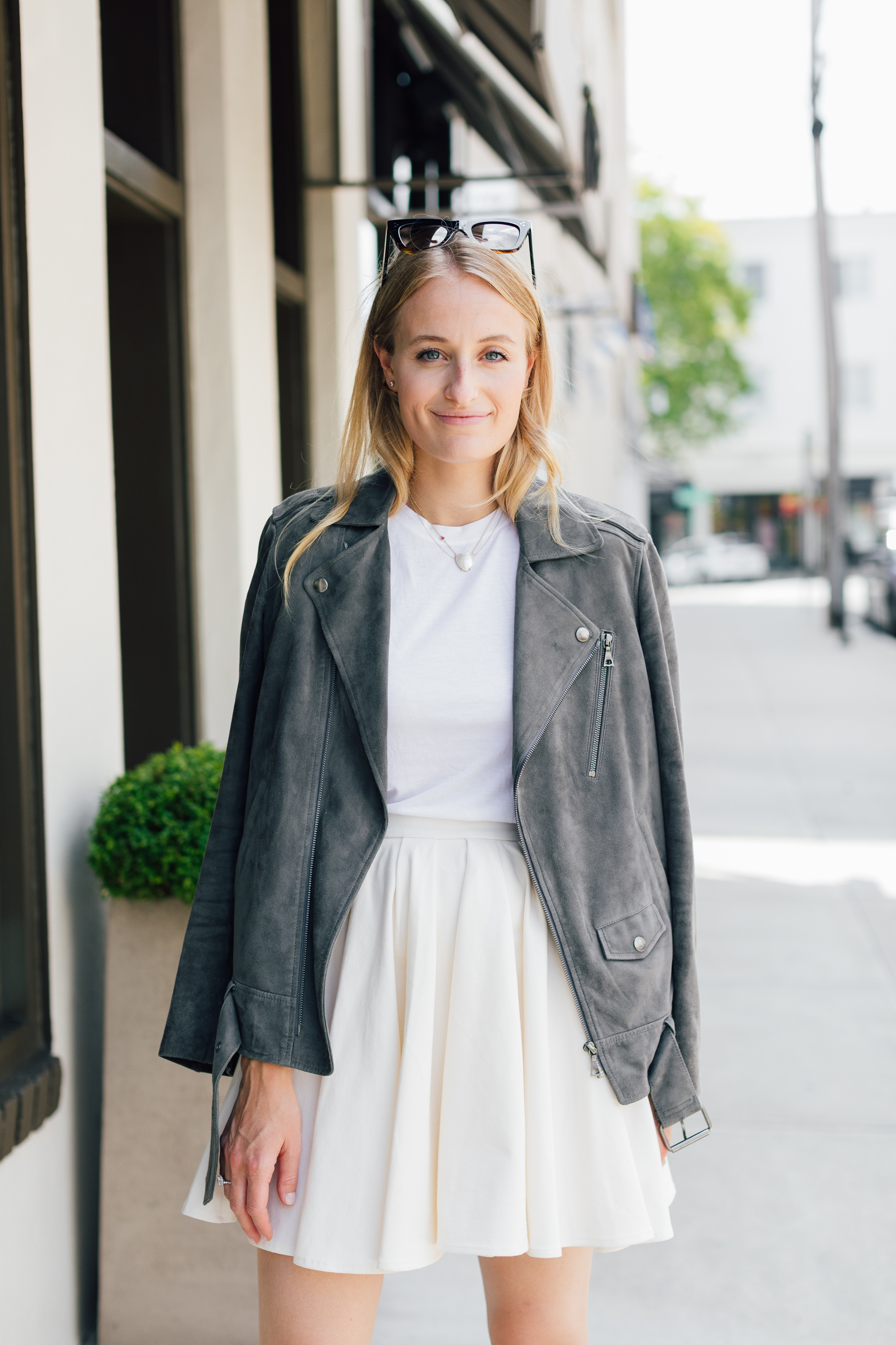 Mini skirt from H&M with a gray suede moto jacket // the girl guide // stephanie trotta