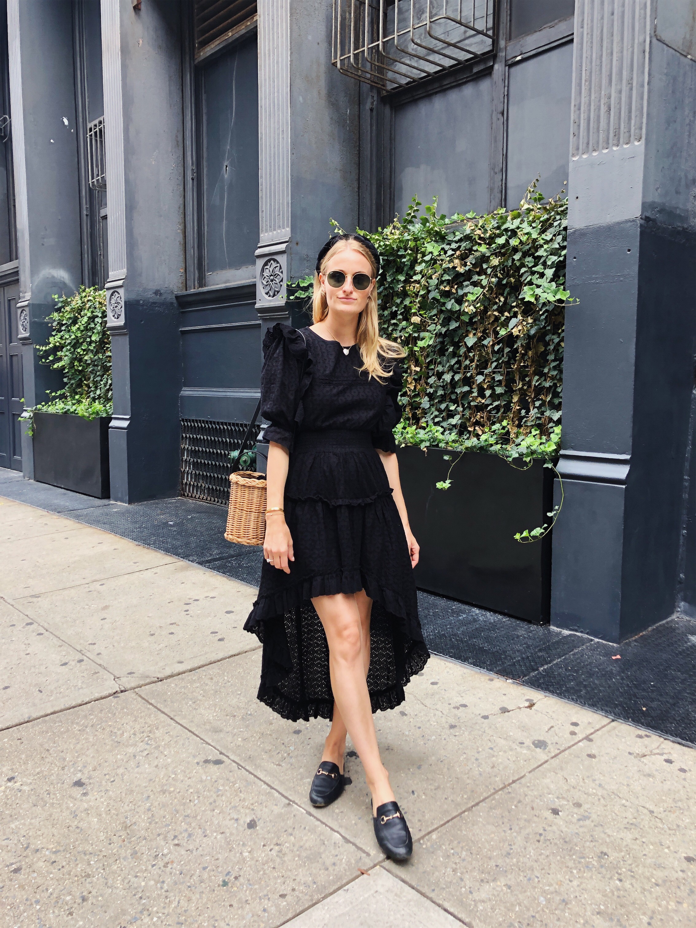 Cindy Trotta in a black Misa dress with Gucci slides  and a Black Headband // Fall Style // Cindy Hattersley