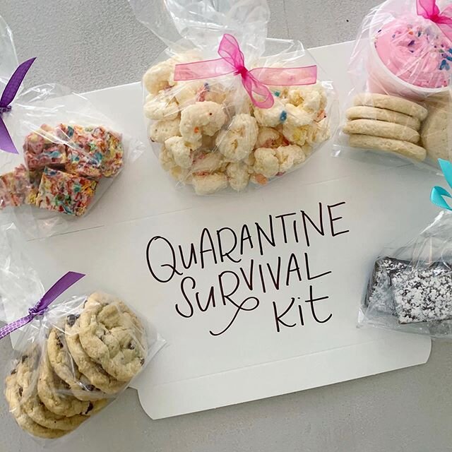 Quarantine Survival kits I helped create for @mammawssweetshoppe. You can call the shop to order if you&rsquo;re in Lafayette. Everything in there is sooo good! 💛