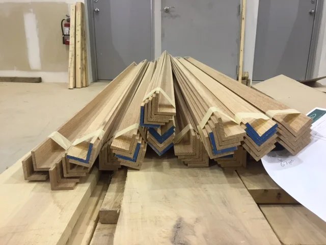 Custom 1-3/4 x 1-3/4 Oak outside corner with a 1/4" reveal. We manufactured these pieces for a large construction company in Toronto who are taking care of all the custom woodworking/millwork in a newly remodeled condo building.