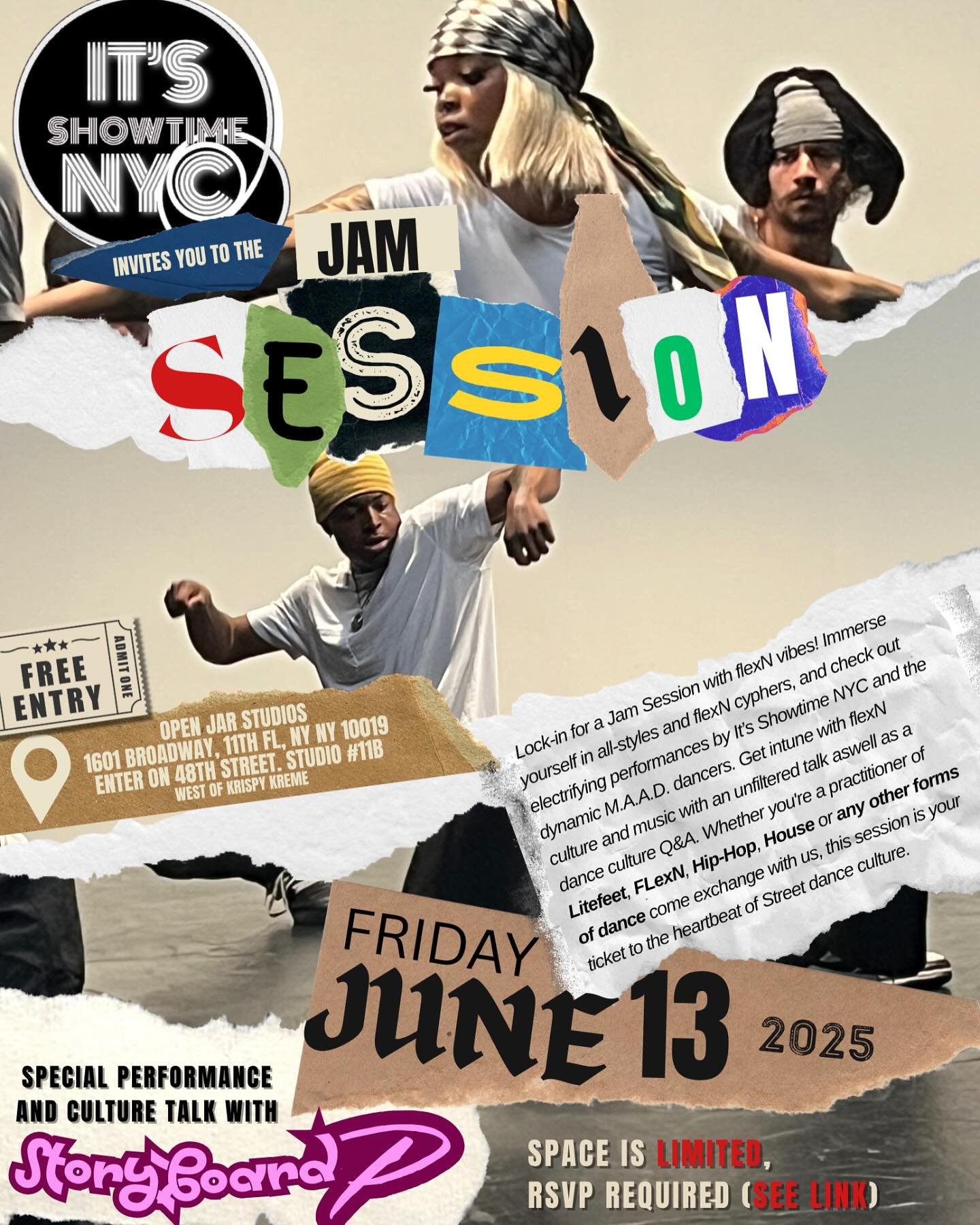 Lock-in for a Jam Session. All-styles and flexN cyphers, performances by It&rsquo;s Showtime NYC and MAAD dancers. Get in tune with flexN history, culture and music with an unfiltered talk and performance by Storyboard P. Whether you&rsquo;re a pract