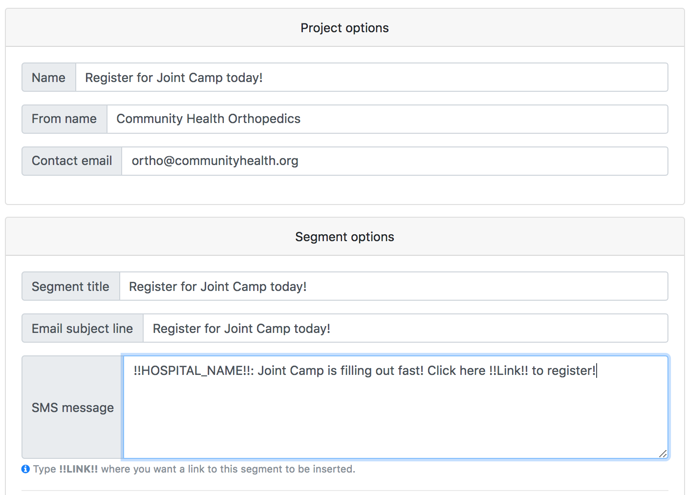 Set your email subject line, from name and address and SMS message text in the Options section.