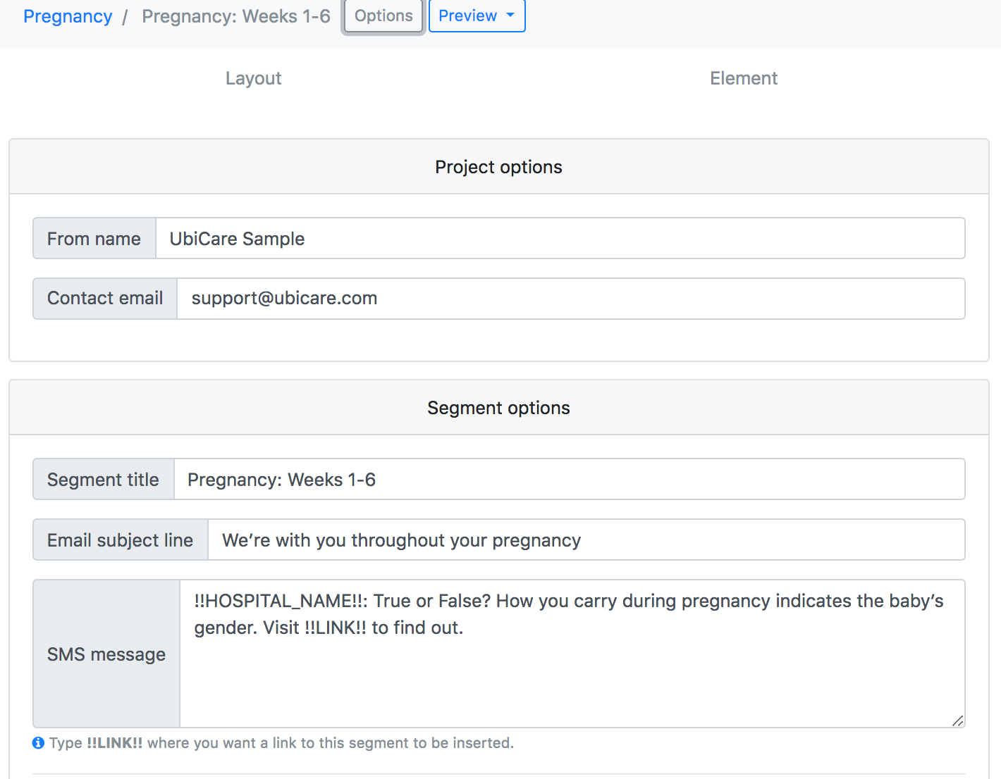 Set your email subject line, from name and address and SMS message text in the Options section.