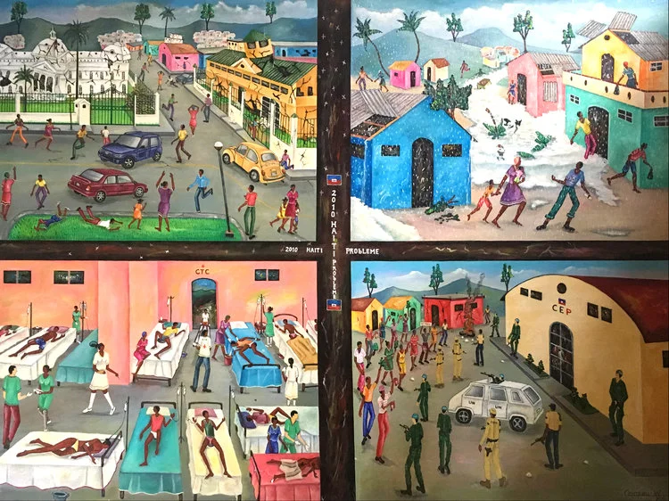 2010 Haiti Probleme l Widson Cameau l 30” x 40” This painting, completed in 2011, depicts recent tragedies in Haiti’s modern history. The four panels respectively illustrate impacts of the earthquake, flooding from hurricanes, the cholera epidemic, and political protests. In order to continue sharing the depth and meaning of this historic piece, it has become a permanent fixture in our collection.