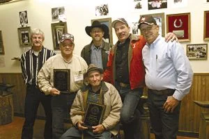2004 Hall of Fame & friends (L-R) Tony Phillips, John Marino, John Burt, Ralph Casey, Bucky Hatfield & seated is 92 year old Blacksmith Jud Nelson.