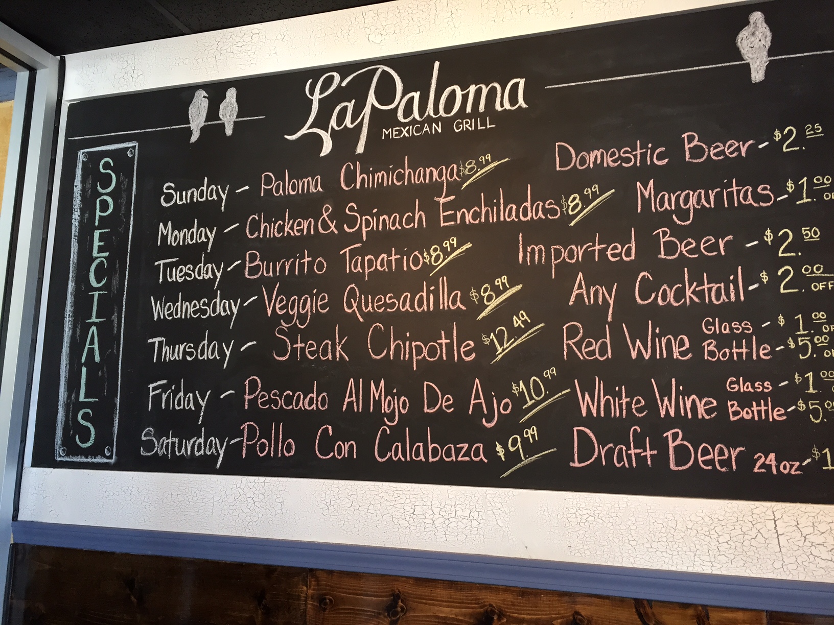Daily food and drink specials.