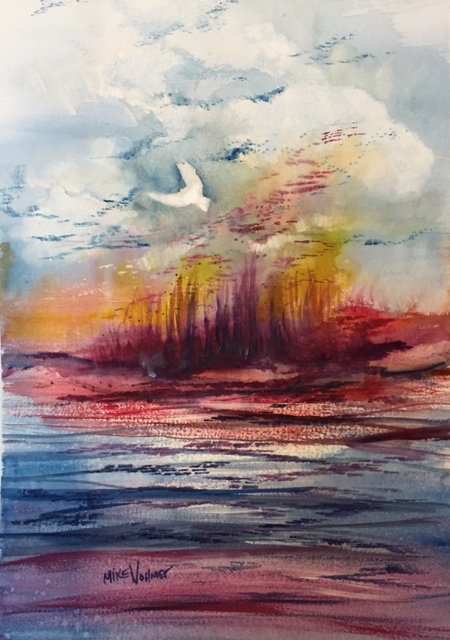Michael Vollmer, Pentacost , 2016. Watercolor on paper, 18 x 24 in. $150 ( Painted live at One River Vineyard Church ).