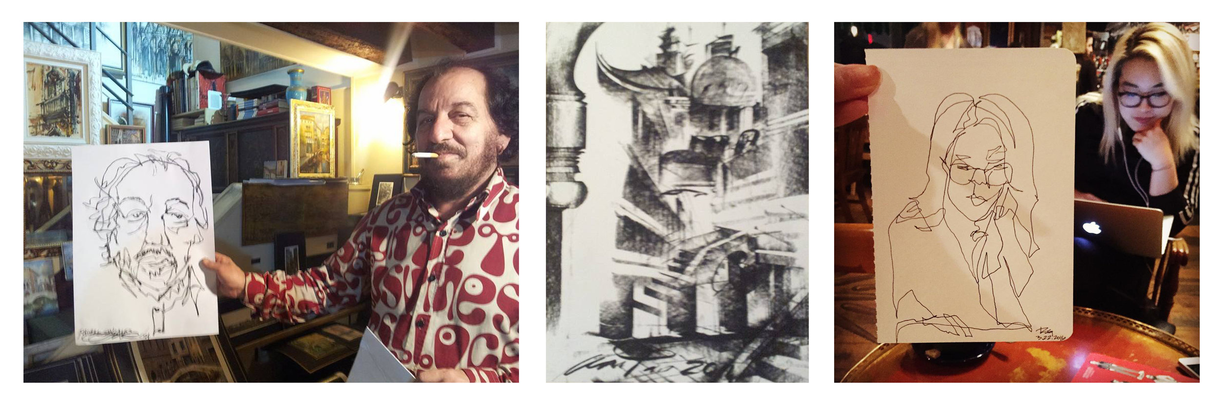 From left to right: my drawing of Anton in charcoal, Anton's drawing of Venetian elements in charcoal , my drawing of Lily in ink