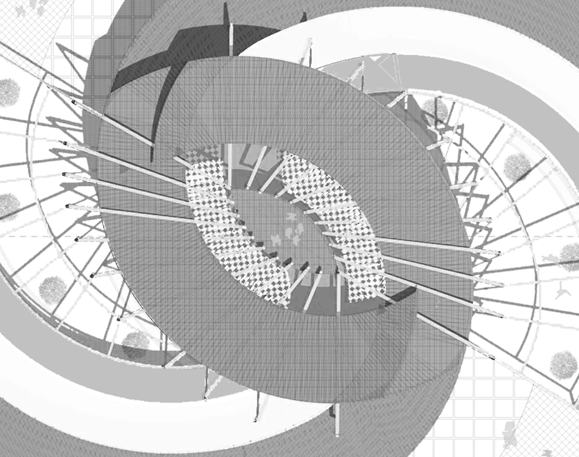 Plan view of the roof system made out of canvas, steel cable and bamboo trusses for our proposal. This took inspiration from the majestual wings of China's national bird, the Red-Crowned Crane. 