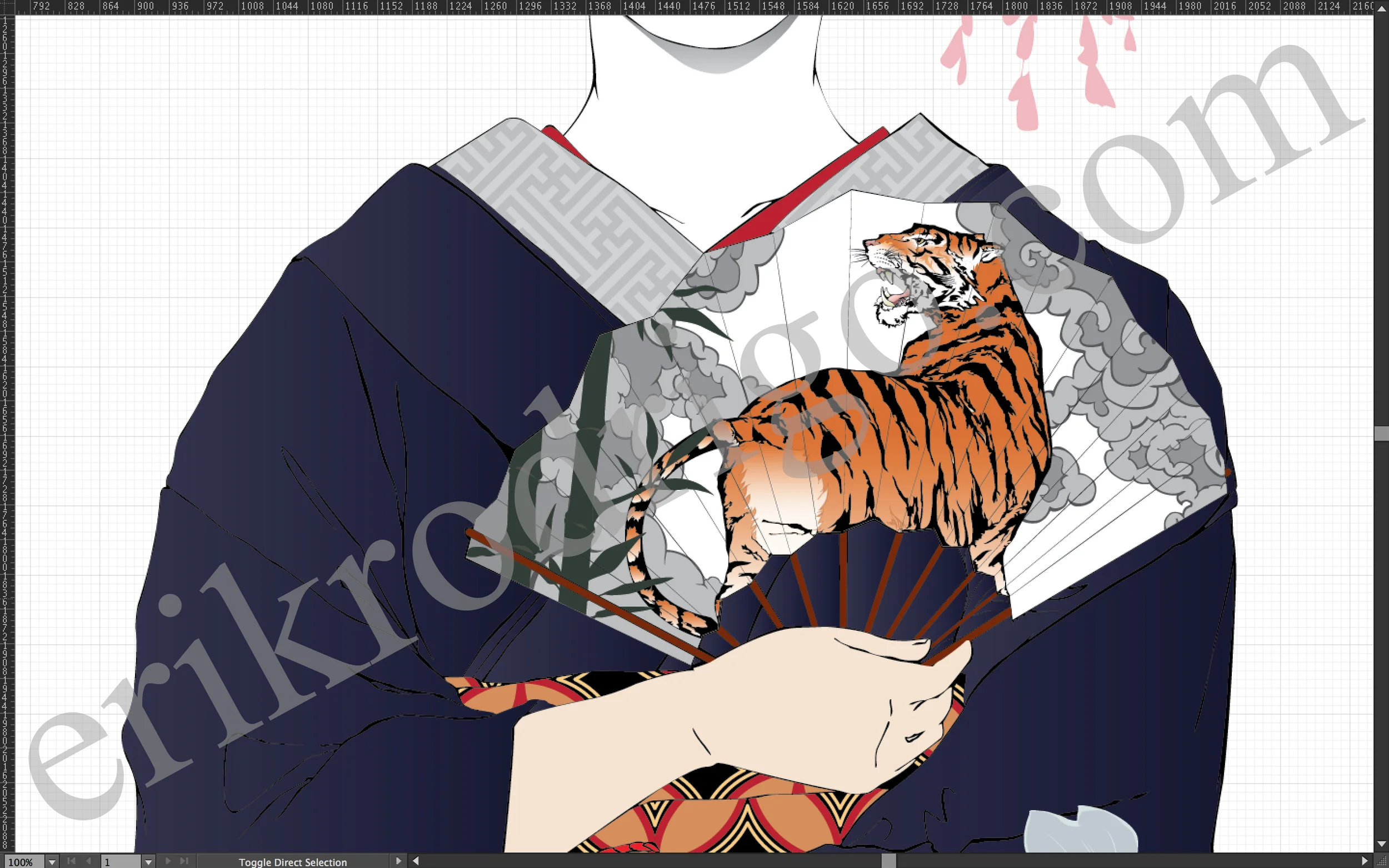 I like how the pattern on the sash came out. I spent a lot of time fussing around on the tiger but I think I'll have to leave it close to this, since the details won't be visible in normal size anyway.