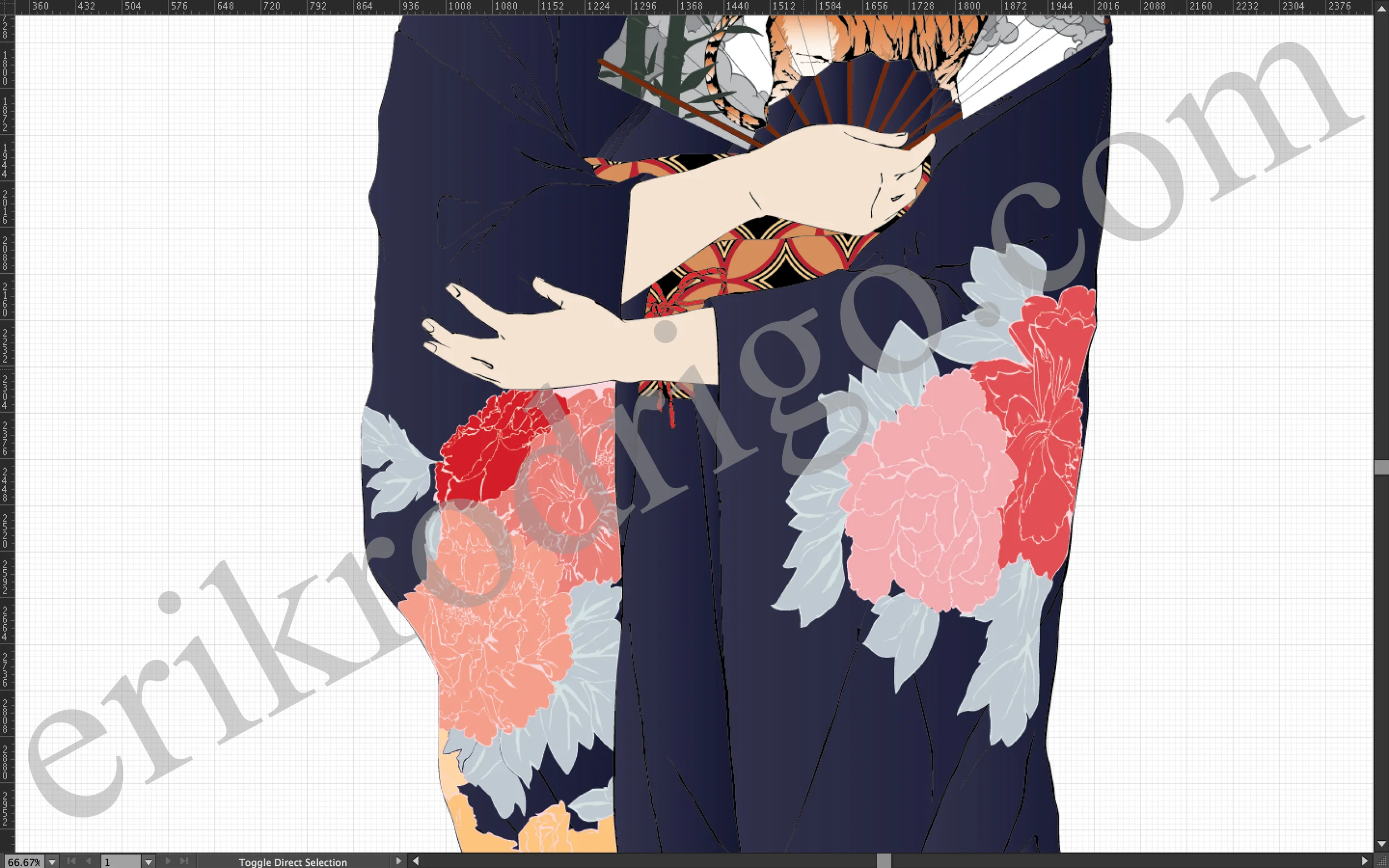 The pattern on the kimono is far from finished. Also, the color of it is far from final. Just blocking in some random colors to sort of get a feel for how things will look.