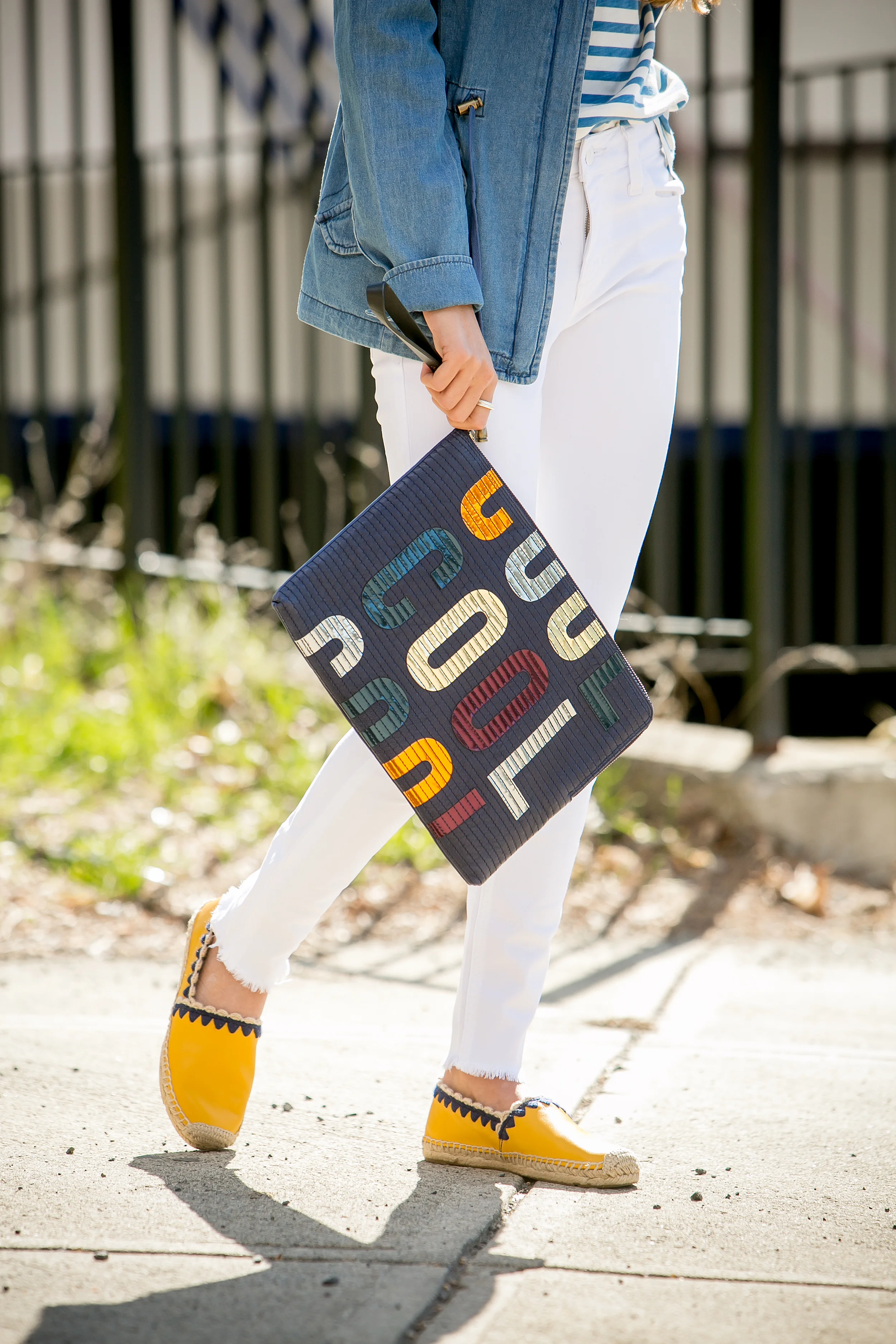 Tee: JCrew |Jacket: Santa Fe Apparel |Jeans: Joe's Jeans |Espadrilles: Tory Burch |Clutch:Lanvin ( sold out )