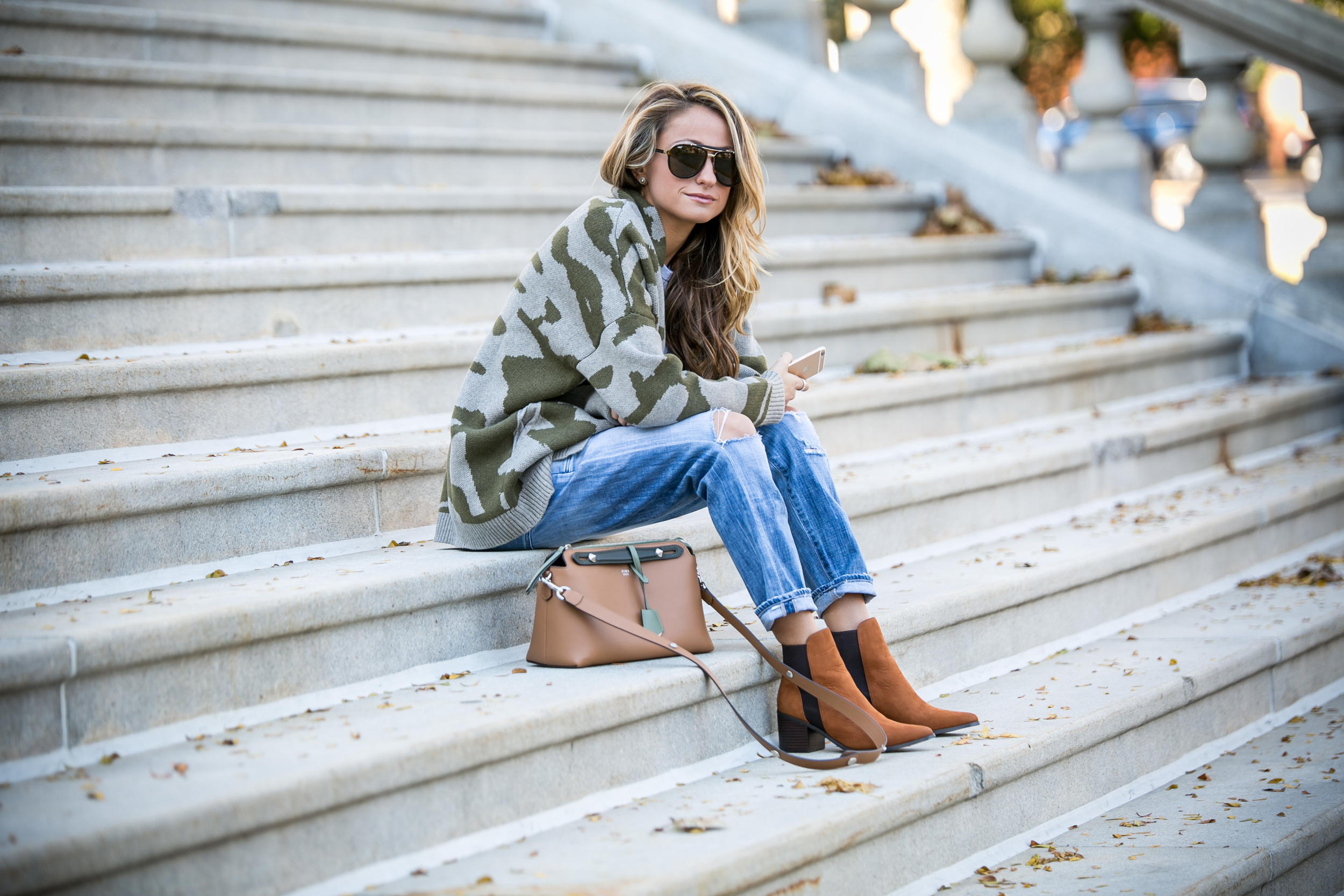 Camo sweater and fendi bag